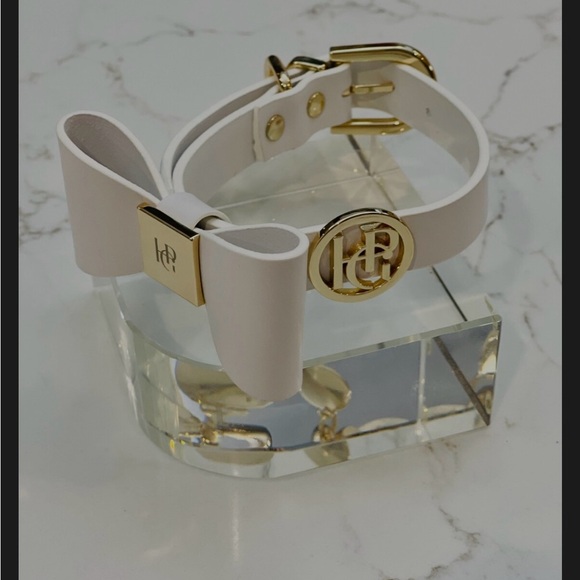 HGP Pet Accessories Other - Snow Drop Leather Dog Collar | Gold Hardware & Removable Bow | Small